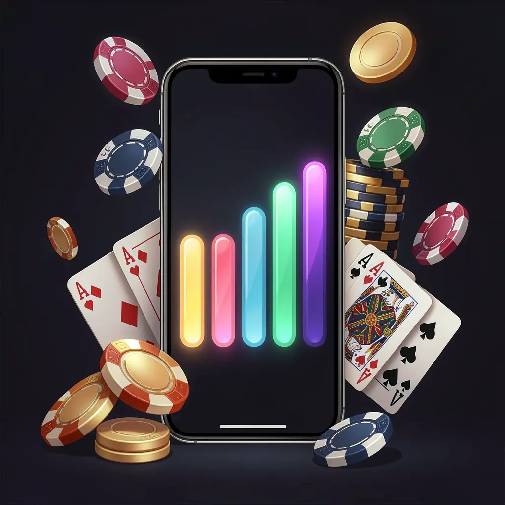 Smartphone displaying casino app installation with progress bar glow, surrounded by coins, chips, and cards on a dark background, showcasing TKQQ premium mobile gaming design