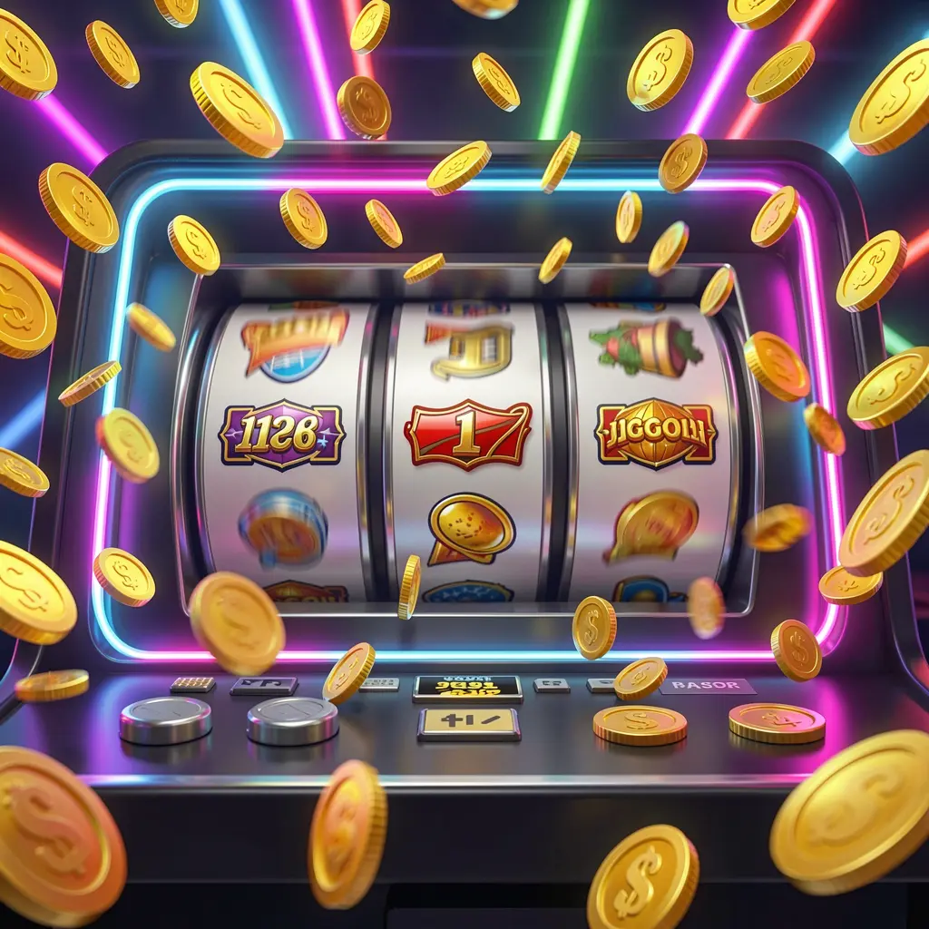 TKQQ free spins casino image showing slot machine reels spinning with golden coins flying everywhere under colorful neon lights creating an exciting jackpot mood in a premium 3D illustration