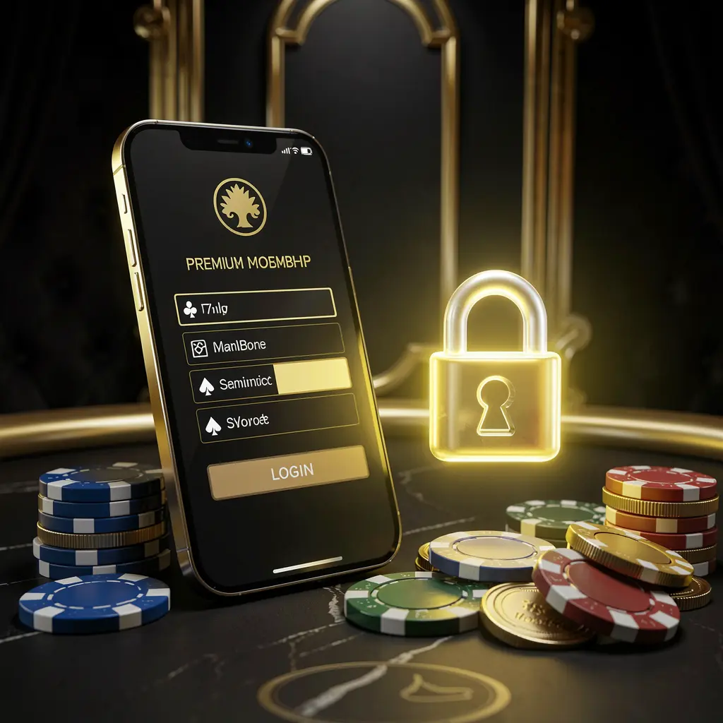 TKQQ casino member login concept with premium membership card beside smartphone, glowing lock symbol, poker chips and coins on a black and gold luxury background in a realistic 3D illustration