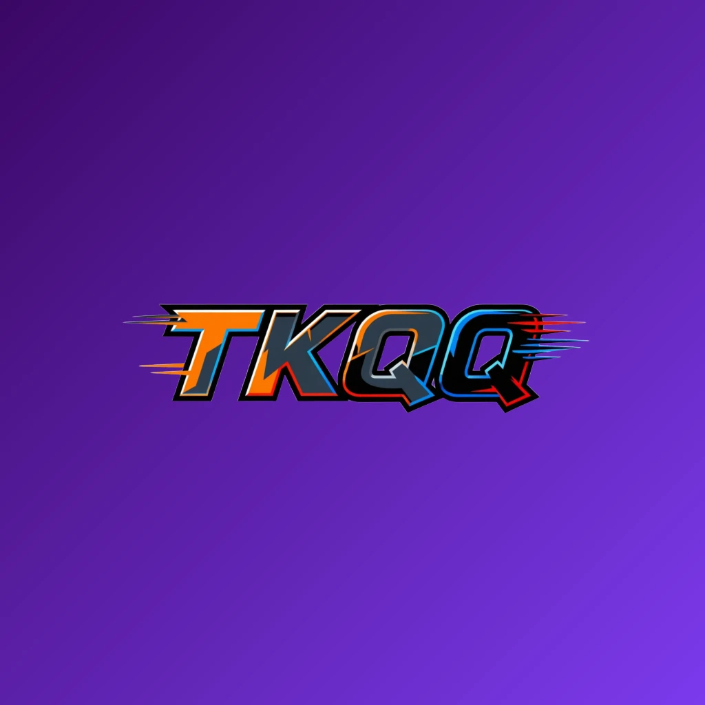 Dynamic sports-style TKQQ logo with sharp shapes and motion effect, featuring bold readable letters in a wide horizontal rectangular wordmark on a transparent background