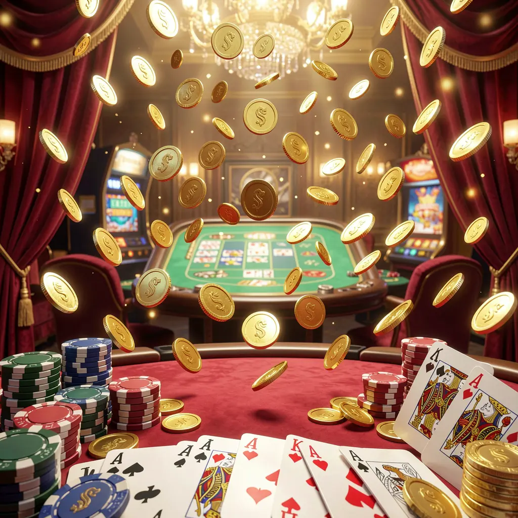 TKQQ online gaming platform homepage banner featuring bright casino lights, golden coins raining, poker chips and playing cards in the foreground with a luxury red and gold atmosphere in a high detail 3D render